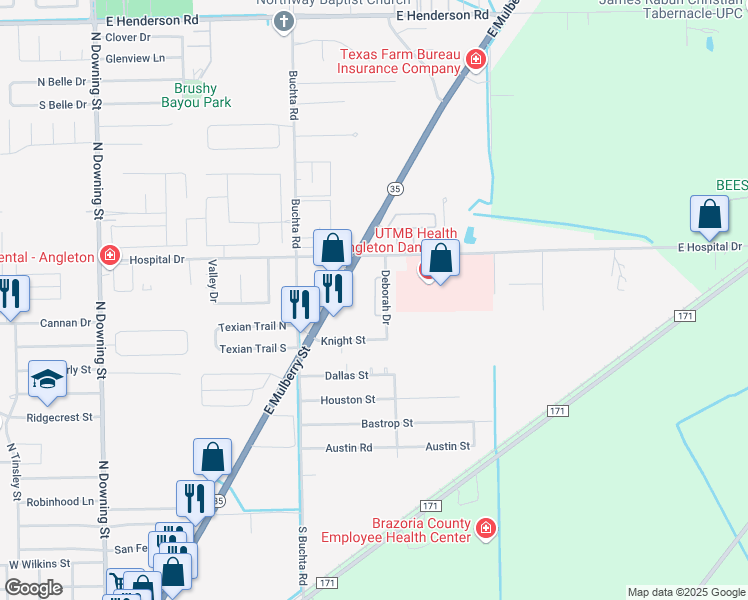 map of restaurants, bars, coffee shops, grocery stores, and more near 108 Deborah Drive in Angleton