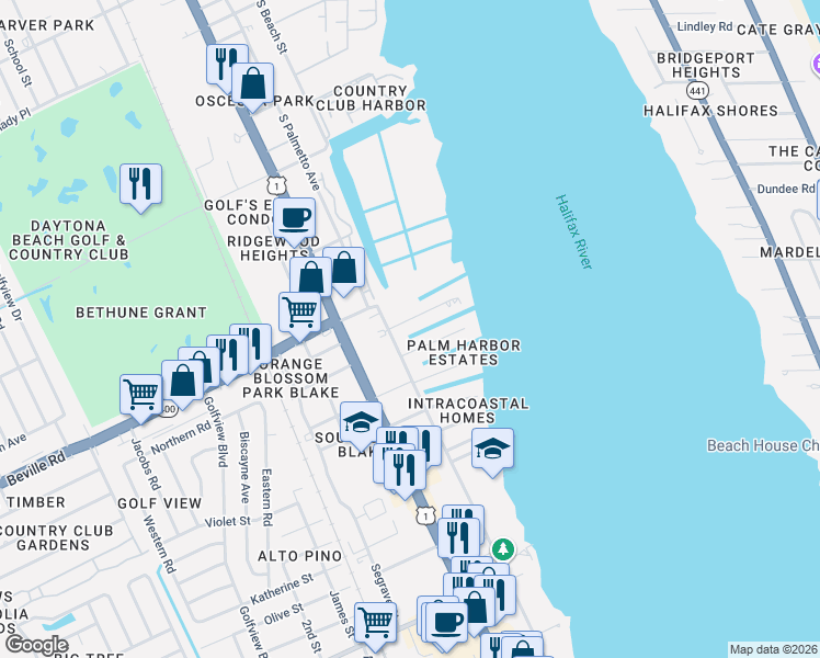 map of restaurants, bars, coffee shops, grocery stores, and more near 146 Sea Isle Circle in South Daytona