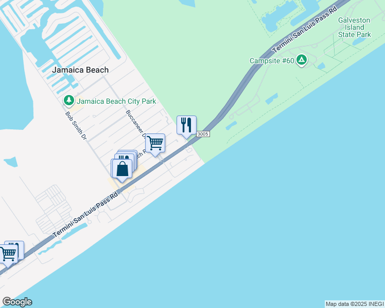 map of restaurants, bars, coffee shops, grocery stores, and more near 16513 Jamaica Beach Road in Jamaica Beach
