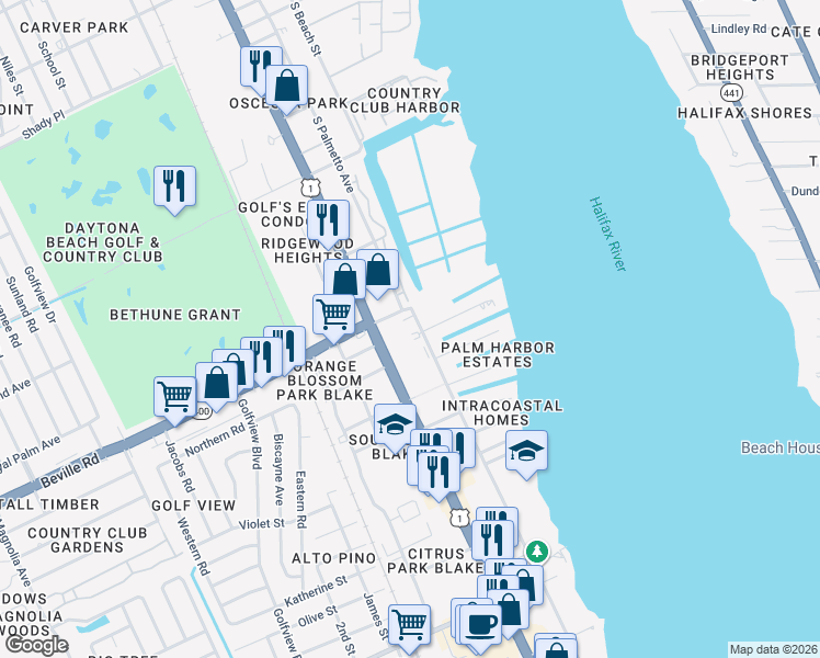 map of restaurants, bars, coffee shops, grocery stores, and more near 1610 South Palmetto Avenue in South Daytona