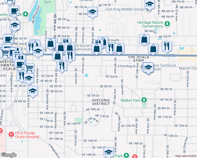 map of restaurants, bars, coffee shops, grocery stores, and more near 1213 Southeast 3rd Street in Ocala