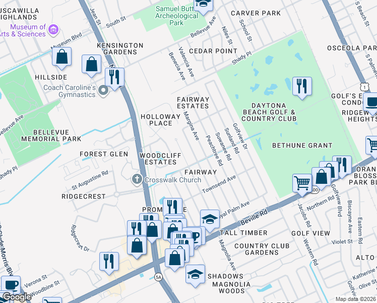 map of restaurants, bars, coffee shops, grocery stores, and more near 1225 Mardrake Road in Daytona Beach