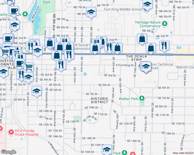 map of restaurants, bars, coffee shops, grocery stores, and more near 1213 Southeast 3rd Street in Ocala