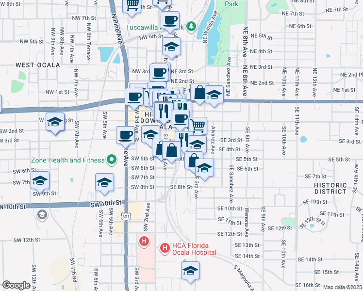map of restaurants, bars, coffee shops, grocery stores, and more near 305 Southeast 1st Avenue in Ocala