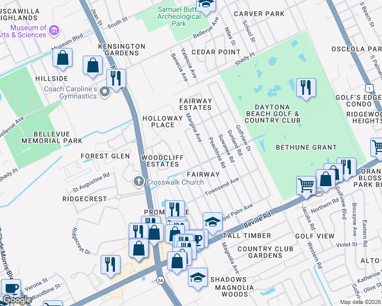 map of restaurants, bars, coffee shops, grocery stores, and more near 1225 Mardrake Road in Daytona Beach