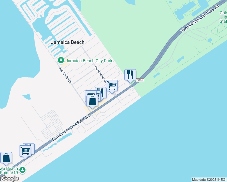 map of restaurants, bars, coffee shops, grocery stores, and more near 16506 Blackbeard Road in Galveston