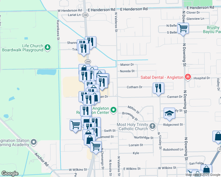 map of restaurants, bars, coffee shops, grocery stores, and more near 301 Cannan Drive in Angleton