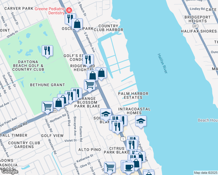 map of restaurants, bars, coffee shops, grocery stores, and more near 1600 South Palmetto Avenue in South Daytona