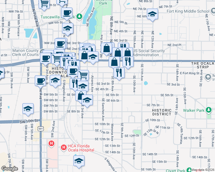 map of restaurants, bars, coffee shops, grocery stores, and more near 708 Southeast 3rd Street in Ocala