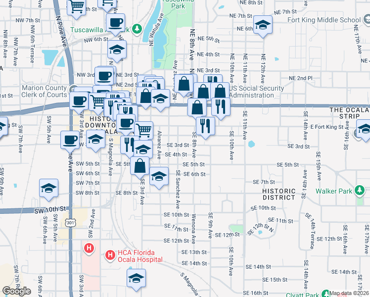 map of restaurants, bars, coffee shops, grocery stores, and more near 708 Southeast 3rd Street in Ocala