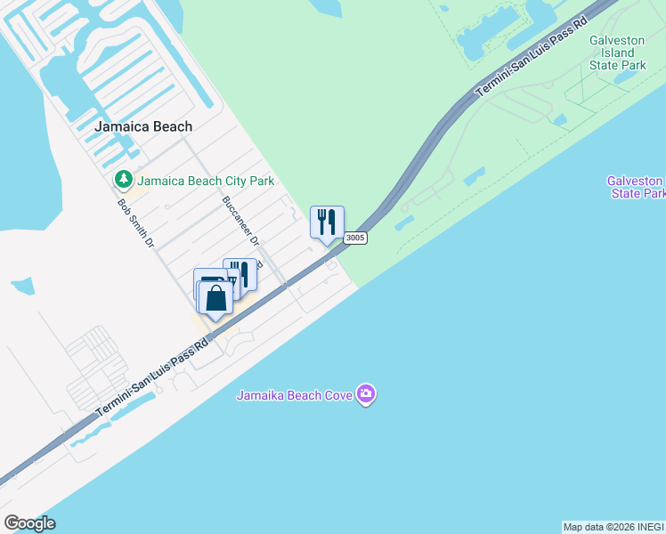 map of restaurants, bars, coffee shops, grocery stores, and more near 16515 Termini-San Luis Pass Road in Jamaica Beach