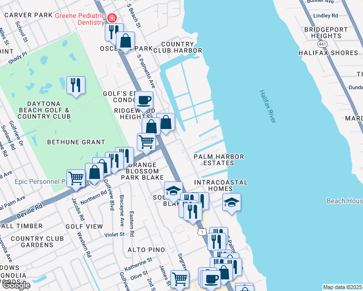 map of restaurants, bars, coffee shops, grocery stores, and more near 1541 Florida 5 in Daytona Beach