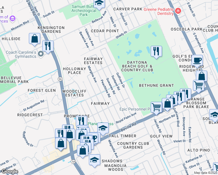 map of restaurants, bars, coffee shops, grocery stores, and more near 1253 Suwanee Road in Daytona Beach