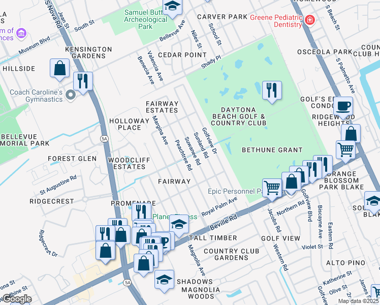 map of restaurants, bars, coffee shops, grocery stores, and more near 1253 Suwanee Road in Daytona Beach
