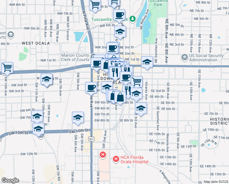 map of restaurants, bars, coffee shops, grocery stores, and more near 304 S Magnolia Ave in Ocala