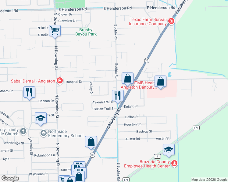 map of restaurants, bars, coffee shops, grocery stores, and more near 811 Buchta Road in Angleton