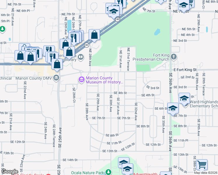 map of restaurants, bars, coffee shops, grocery stores, and more near 227 Southeast 29th Terrace in Ocala