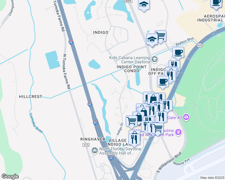 map of restaurants, bars, coffee shops, grocery stores, and more near 116 Meadowbrook Circle in Daytona Beach