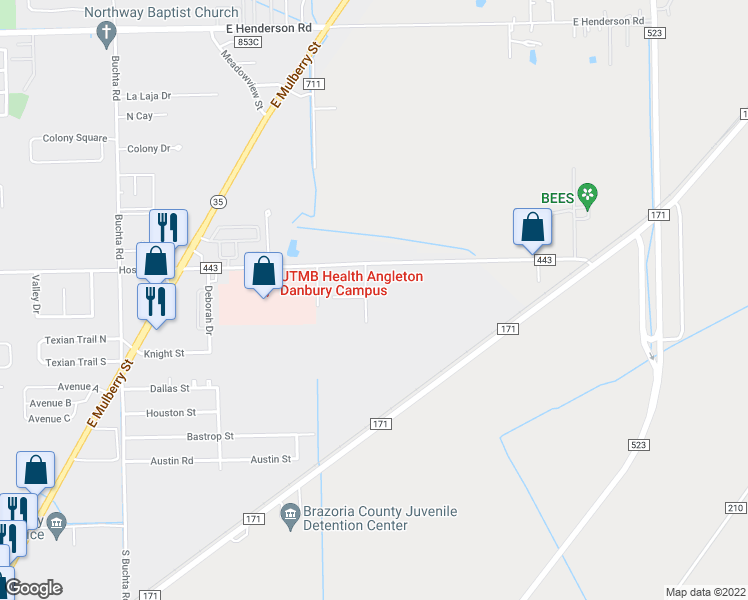 map of restaurants, bars, coffee shops, grocery stores, and more near 14 Rayburn Ridge in Angleton