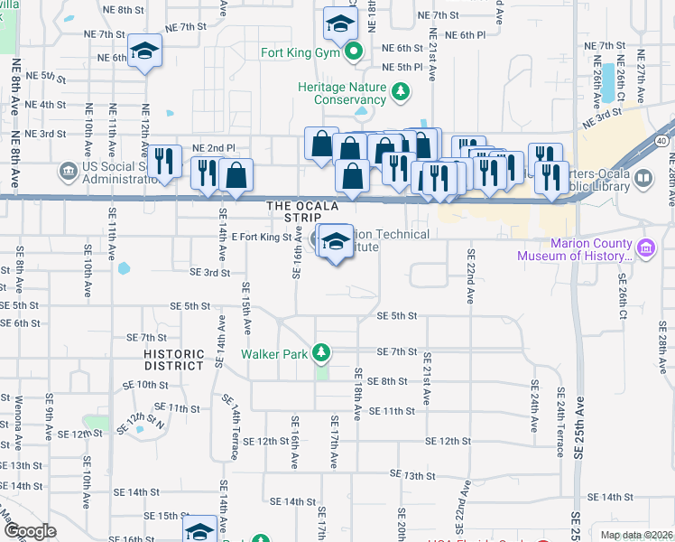 map of restaurants, bars, coffee shops, grocery stores, and more near 1614 East Fort King Street in Ocala
