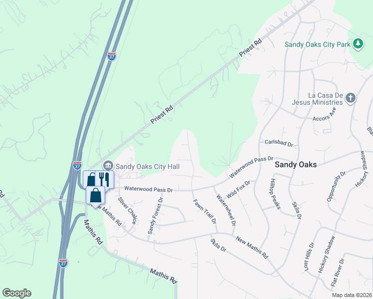 map of restaurants, bars, coffee shops, grocery stores, and more near 3914 Anaqua Drive in Elmendorf