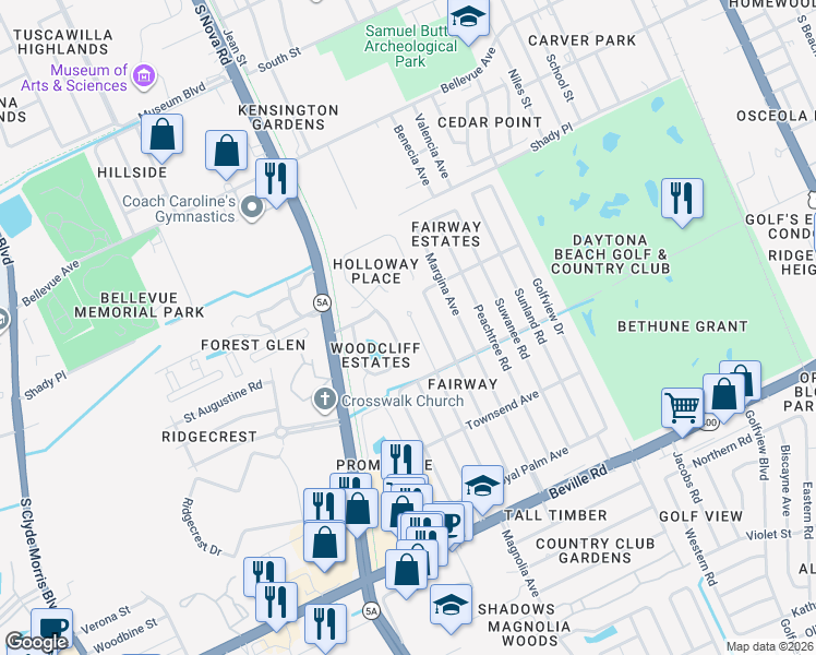 map of restaurants, bars, coffee shops, grocery stores, and more near 1212 Ruthbern Road in Daytona Beach