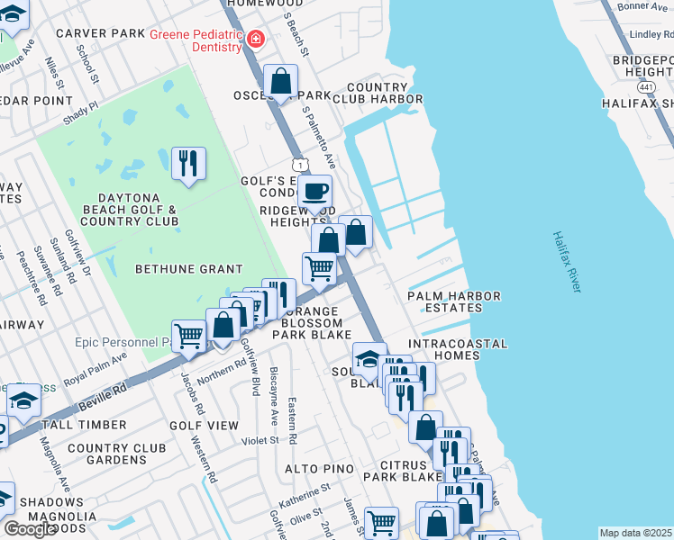 map of restaurants, bars, coffee shops, grocery stores, and more near 1590 South Ridgewood Avenue in Daytona Beach