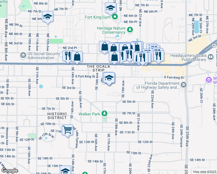 map of restaurants, bars, coffee shops, grocery stores, and more near 1614 East Fort King Street in Ocala