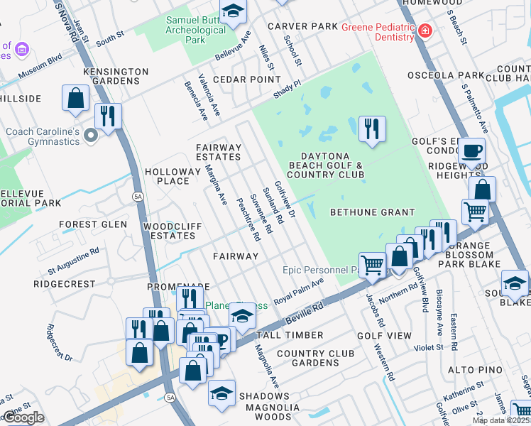 map of restaurants, bars, coffee shops, grocery stores, and more near 1253 Suwanee Road in Daytona Beach