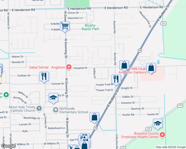 map of restaurants, bars, coffee shops, grocery stores, and more near 1314 Valley Drive in Angleton