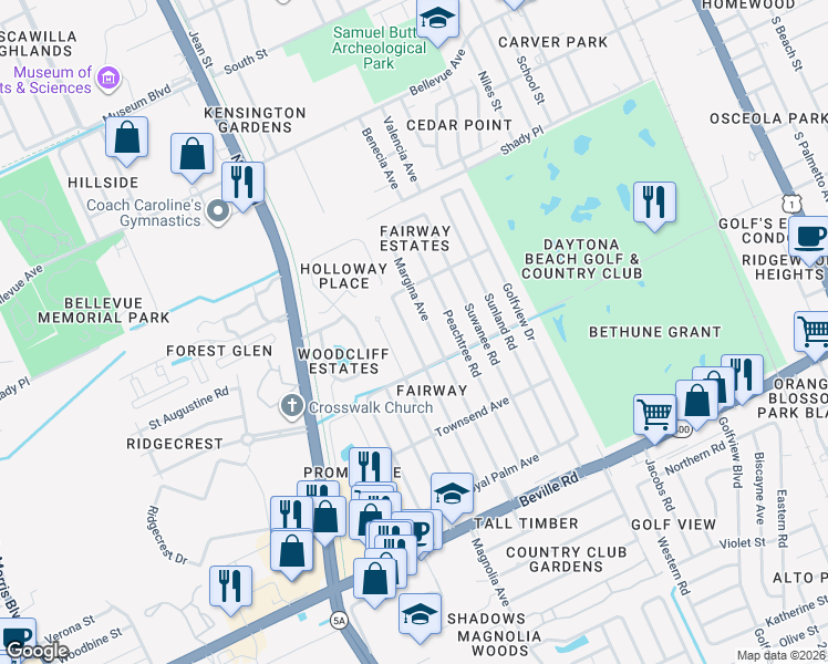 map of restaurants, bars, coffee shops, grocery stores, and more near 1225 Mardrake Road in Daytona Beach