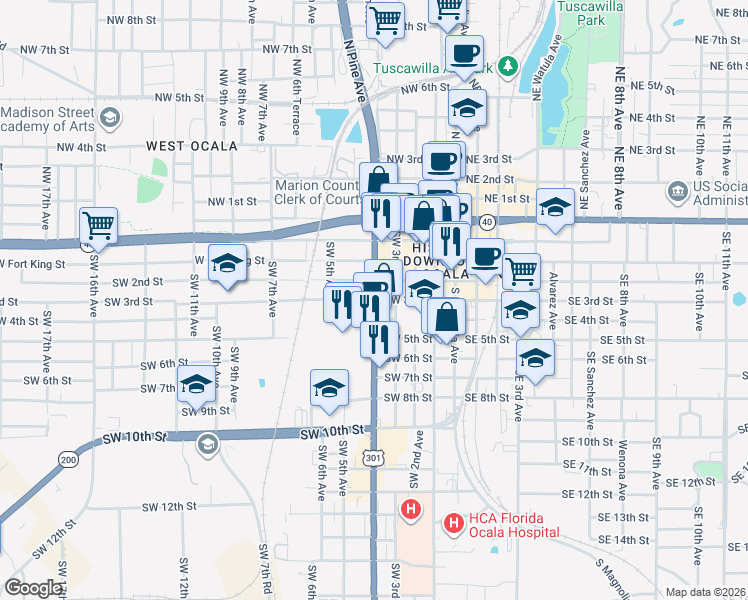 map of restaurants, bars, coffee shops, grocery stores, and more near 400 Southwest 3rd Street in Ocala
