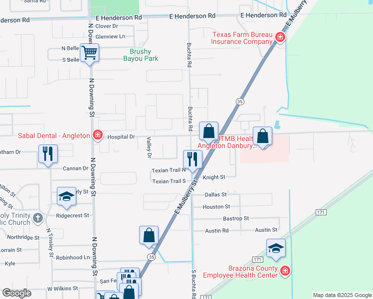 map of restaurants, bars, coffee shops, grocery stores, and more near 811 Buchta Road in Angleton