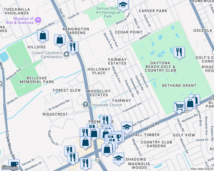 map of restaurants, bars, coffee shops, grocery stores, and more near 1212 Ruthbern Road in Daytona Beach