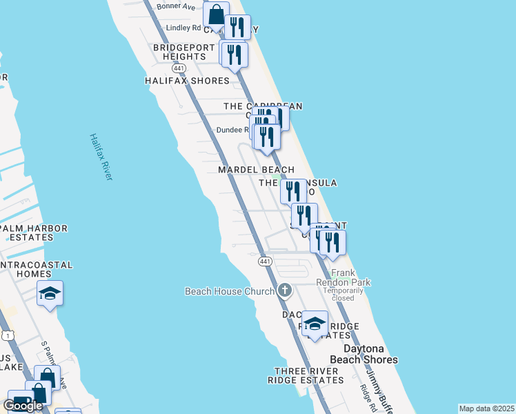 map of restaurants, bars, coffee shops, grocery stores, and more near 105 Beachcomber Street in Daytona Beach