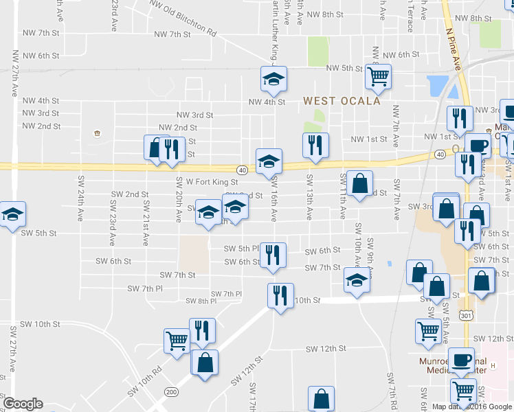 map of restaurants, bars, coffee shops, grocery stores, and more near 1633 Southwest 3rd Street in Ocala