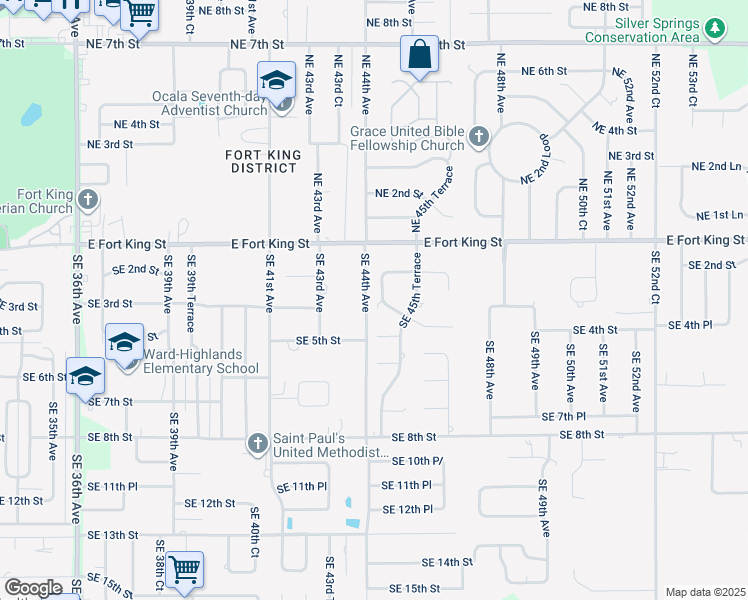map of restaurants, bars, coffee shops, grocery stores, and more near 224 Southeast 44th Terrace in Ocala