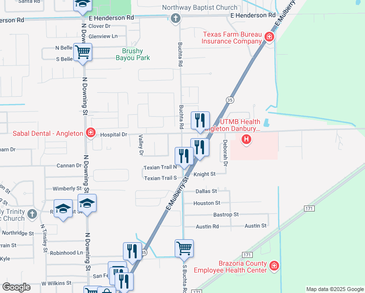 map of restaurants, bars, coffee shops, grocery stores, and more near 811 Buchta Road in Angleton