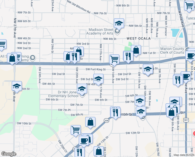map of restaurants, bars, coffee shops, grocery stores, and more near 1719 Southwest 3rd Street in Ocala