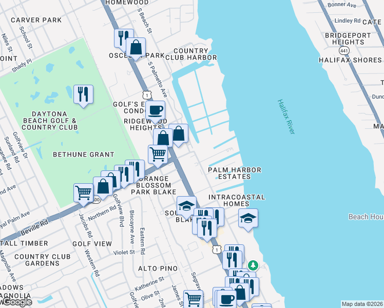 map of restaurants, bars, coffee shops, grocery stores, and more near 1541 Florida 5 in Daytona Beach