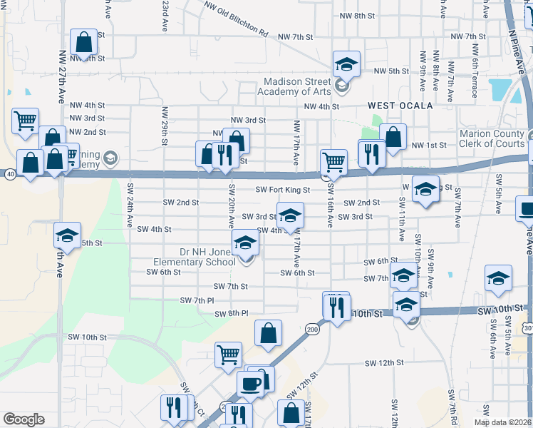 map of restaurants, bars, coffee shops, grocery stores, and more near 1853 Southwest 3rd Street in Ocala
