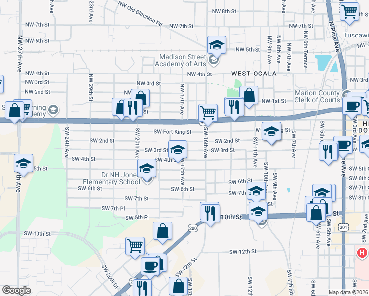 map of restaurants, bars, coffee shops, grocery stores, and more near 1719 Southwest 3rd Street in Ocala
