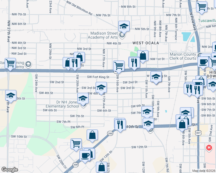map of restaurants, bars, coffee shops, grocery stores, and more near 1633 Southwest 3rd Street in Ocala