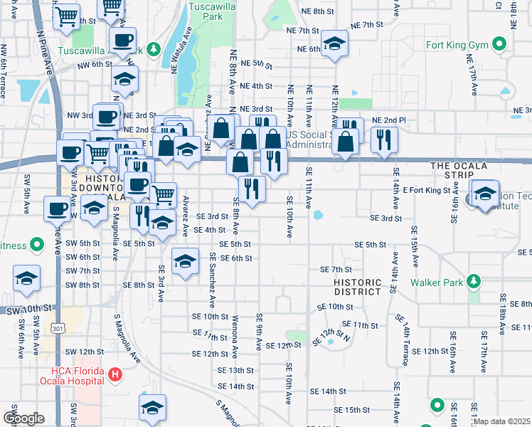 map of restaurants, bars, coffee shops, grocery stores, and more near 917 Southeast 3rd Street in Ocala