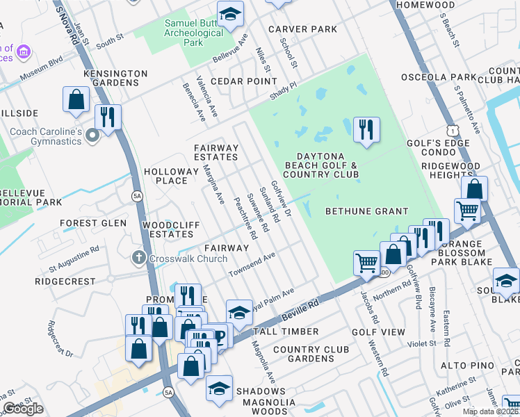 map of restaurants, bars, coffee shops, grocery stores, and more near 1253 Suwanee Road in Daytona Beach