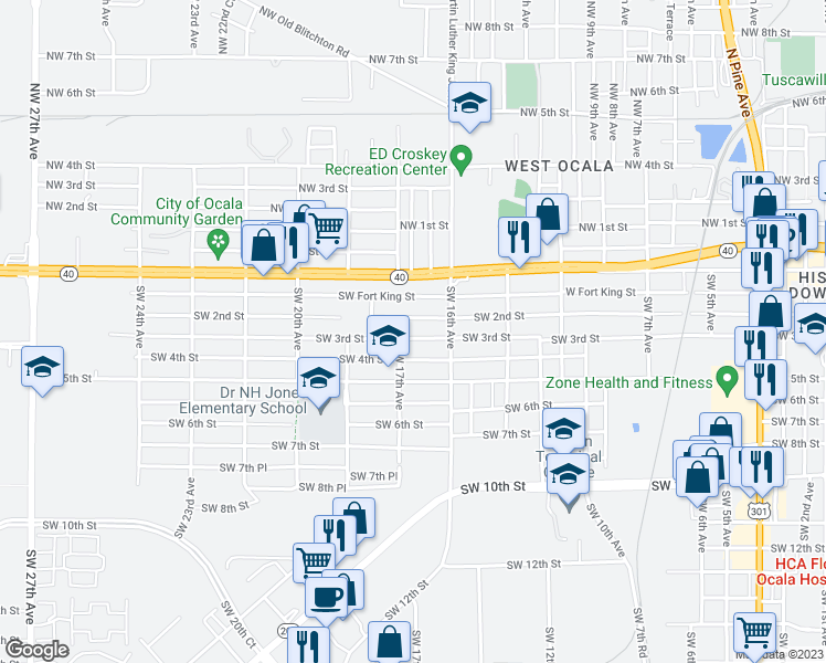 map of restaurants, bars, coffee shops, grocery stores, and more near 1633 Southwest 3rd Street in Ocala