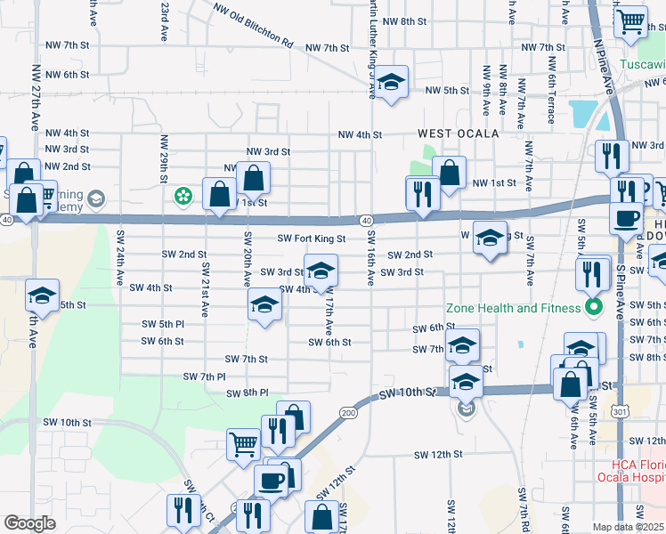 map of restaurants, bars, coffee shops, grocery stores, and more near 1719 Southwest 3rd Street in Ocala