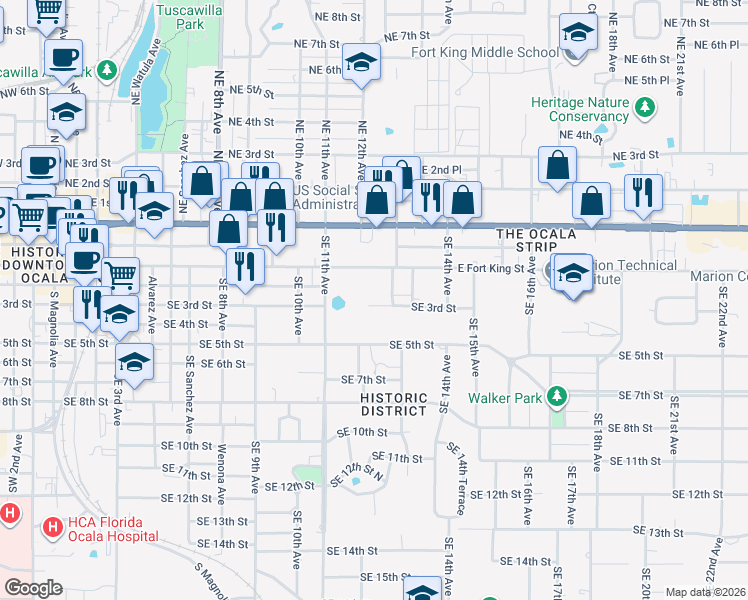 map of restaurants, bars, coffee shops, grocery stores, and more near 1213 Southeast 3rd Street in Ocala