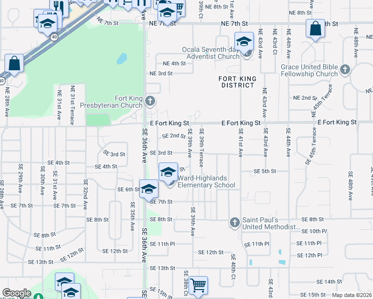 map of restaurants, bars, coffee shops, grocery stores, and more near 220 Southeast 39th Avenue in Ocala