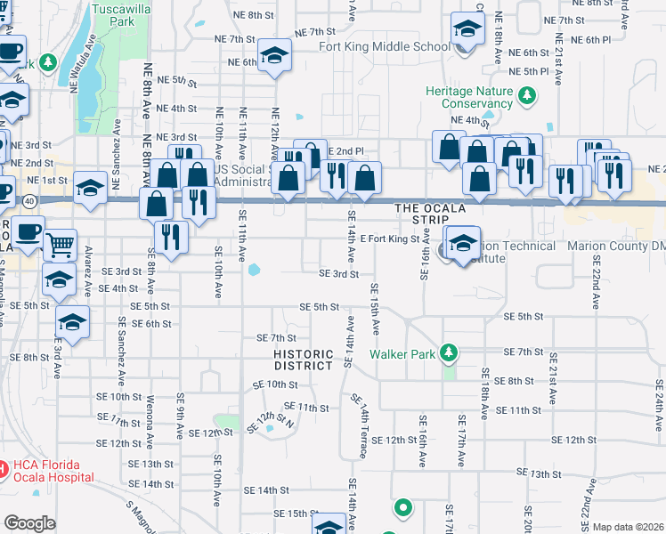 map of restaurants, bars, coffee shops, grocery stores, and more near 1341 Southeast 3rd Street in Ocala